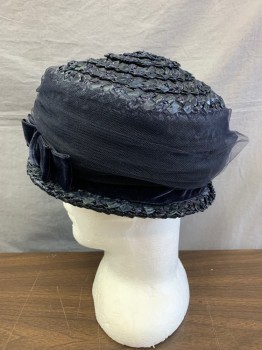 NO LABEL, Navy Blue, Straw, Basket Weave, Narrow Brim, Round Crown with Flap Top, Mesh Wrapped Around Crown, Velvet Ribbon & Bow at Base
