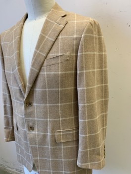 NAPOLI, Beige, Lt Beige, Cashmere, Wool, Plaid - Tattersall, Single Breasted, Notched Lapel, 2 Buttons, 3 Pockets, Solid Taupe Lining