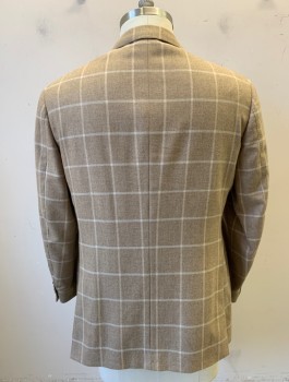 NAPOLI, Beige, Lt Beige, Cashmere, Wool, Plaid - Tattersall, Single Breasted, Notched Lapel, 2 Buttons, 3 Pockets, Solid Taupe Lining