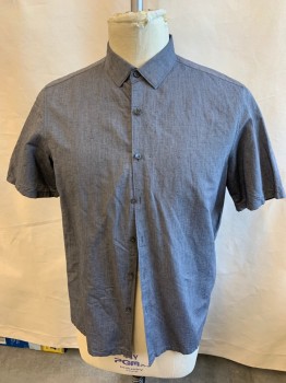 Mens, Casual Shirt, THEORY, Heather Gray, Gray, Off White, Black, Linen, Cotton, Heathered, 2 Color Weave, XL, Collar Attached, Button Front, Short Sleeves, Side Split