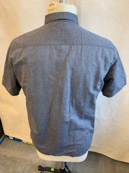 Mens, Casual Shirt, THEORY, Heather Gray, Gray, Off White, Black, Linen, Cotton, Heathered, 2 Color Weave, XL, Collar Attached, Button Front, Short Sleeves, Side Split