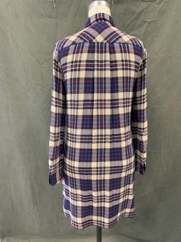 Womens, Dress, Long & 3/4 Sleeve, RAG & BONE, Navy Blue, Taupe, Red, Blue, Viscose, Wool, Plaid, XS, , 1/2 Placket, Collar Attached, Long Sleeves, Button Cuff, Extra Front with Self Tie