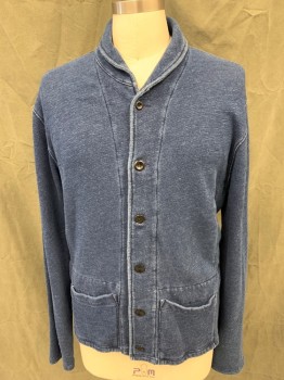 Mens, Casual Jacket, ALEX MILL, Denim Blue, Cotton, Heathered, L, Sweater Jacket, Button Front, Shawl Collar, 2 Pockets, Long Sleeves