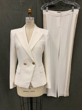 KOBI HALPERIN, White, Polyester, Rayon, Solid, Double Breasted, Collar Attached, Peaked Lapel, 3 Pockets, Hammered Gold Buttons