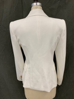 Womens, Suit, Jacket, KOBI HALPERIN, White, Polyester, Rayon, Solid, S, Double Breasted, Collar Attached, Peaked Lapel, 3 Pockets, Hammered Gold Buttons