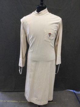 Unisex, Historical, MTO, Cream, Cotton, Herringbone, Ch 38, Doctor's Gown/Jacket, Crossover Front, Mother of Pearl Shoulder Buttons and Side Buttons, Stand Collar, Long Sleeves, Elastic Loops Interior Cuff, Embroidered Red Winged Staff with 2 Light Blue Snakes Coiled Around on Pocket, Below Knee Length, Pleated Back at Back Waistband with Mother of Pearl Buttons, Side Vent Slits, *Shoulder Dark Mark and Light Red Stains on Back*