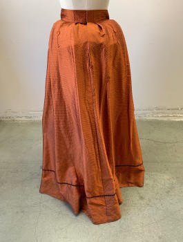 N/L MTO, Orange, Gold, Silk, Diamonds, Floral, Tiny Diamond Patterned Brocade, 2" Wide Self Waistband, Pleated, Orange Floral Lace Appliques at Waist, Floor Length, Black Gimp Trim at Hem,  Pictured with Bustle Pad Not Included