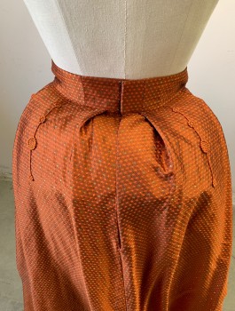 N/L MTO, Orange, Gold, Silk, Diamonds, Floral, Tiny Diamond Patterned Brocade, 2" Wide Self Waistband, Pleated, Orange Floral Lace Appliques at Waist, Floor Length, Black Gimp Trim at Hem,  Pictured with Bustle Pad Not Included