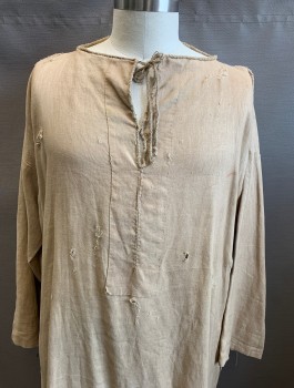 Mens, Historical Fiction Tunic, N/L MTO, Beige, Linen, Solid, C <60", O/S, Long Sleeves, Wide Round Neck with Keyhole, Self Ties, Floor Length, Very Aged with Holes, Stains, and Wear Throughout, Made To Order