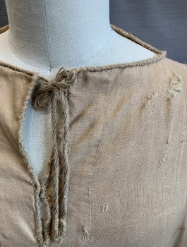 N/L MTO, Beige, Linen, Solid, Long Sleeves, Wide Round Neck with Keyhole, Self Ties, Floor Length, Very Aged with Holes, Stains, and Wear Throughout, Made To Order