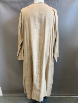 N/L MTO, Beige, Linen, Solid, Long Sleeves, Wide Round Neck with Keyhole, Self Ties, Floor Length, Very Aged with Holes, Stains, and Wear Throughout, Made To Order