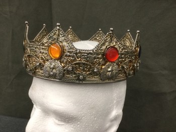 MTO, Silver, Metallic/Metal, Silver Metal Crown, Hammered, Silver Flowers with Rhinestones, Yellow/Green/Blue/Red Stones, Crenulated, Foam Covered in Fabric Interior, Royalty