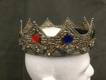 Unisex, Historical Fiction Headpiece, MTO, Silver, Metallic/Metal, 20.5", Silver Metal Crown, Hammered, Silver Flowers with Rhinestones, Yellow/Green/Blue/Red Stones, Crenulated, Foam Covered in Fabric Interior, Royalty