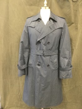 Mens, Coat, Trenchcoat, ARVOTEX, Dk Blue, Polyester, Cotton, Heathered, 40, Double Breasted, Collar Attached, Epaulets, Shoulder Flap Pockets, 2 Pockets, Long Sleeves, Storm Flap Back Yoke