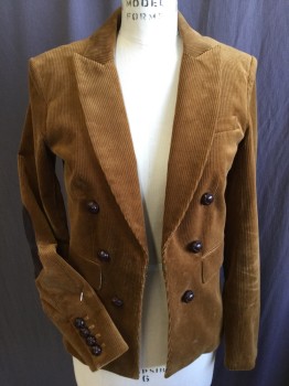 Womens, Blazer, VERONICA BEARD, Amber Yellow, Cotton, Elastane, Solid, 2, Corduroy, Peek Lapel,  White with Brown/baby Blue Lining, Large 6 Braid Leather Button Front with 1 Large Hook Front, 3 Pockets, Long Sleeves with Dark Brown Suede Patch, Single Vent