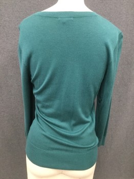 HALOGEN, Teal Green, Viscose, Nylon, Solid, Button Front, 3/4 Sleeve, Ribbed Knit Collar/Waistband/Cuff