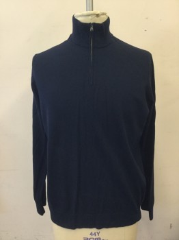 BANANA REPUBLIC, Navy Blue, Cotton, Cashmere, Solid, 1/2 Zip Front, Mock Turtleneck, Ribbed Knit Collar/Cuff/Waistband