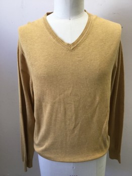 Mens, Pullover Sweater, JOS A BANK, Lt Brown, Gold, Cotton, Heathered, L, V-neck, Long Sleeves, Pullover,