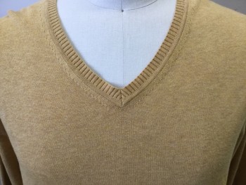JOS A BANK, Lt Brown, Gold, Cotton, Heathered, V-neck, Long Sleeves, Pullover,