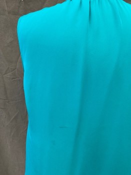 TAHARI, Turquoise Blue, Silk, Solid, Sleeveless, V-neck, Pleated at Shoulders *small Stain on Back*
