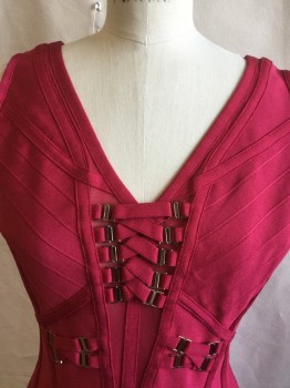 WOW COUTURE, Red, Polyester, Spandex, Stripes - Diagonal , V-neck with Short Straps Lacing Front with Gold Buckles Detail Work, Deep V-back, with Back Zip, Sleeveless,