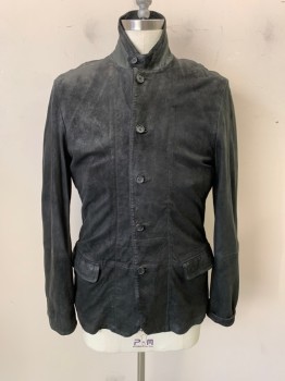 Mens, Leather Jacket, ALL SAINTS, Black, Suede, Solid, L, Stand Collar with Tab and Button, Single Breasted, Button Front, Long Sleeves, 2 Pockets, Black & Gray Herringobe Faux Button Down Shirt Attached