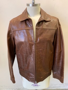 Mens, Leather Jacket, BANANA REPUBLIC, Burnt Umber Brn, Leather, Solid, L, Zip Front, 2 Pockets with Zippers