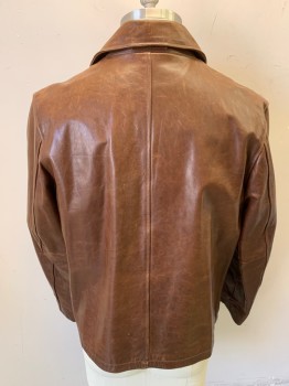 Mens, Leather Jacket, BANANA REPUBLIC, Burnt Umber Brn, Leather, Solid, L, Zip Front, 2 Pockets with Zippers