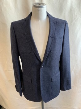 JOHN VARVATOS, Navy Blue, White, Wool, Cashmere, Heathered, 2 Buttons, 4 Patch Pockets, 4 Button Cuffs, Notched Lapel, Double Vent