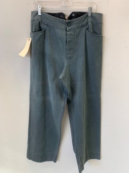 Mens, Historical Fiction Pants, N/L, Dusty Green, Cotton, Solid, 36/31, Button Fly,  2 Pockets, Self Belt Tab Back, 1800's
