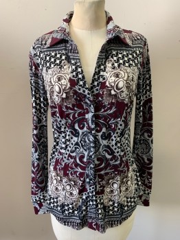 Womens, Blouse, CACHE, Black, Ivory White, Lt Gray, Red Burgundy, Polyester, Spandex, Novelty Pattern, S, Snap Front, Knit, Long Sleeves, Collar Attached, Stylized Houndstooth, Chain Print, 2000-2010