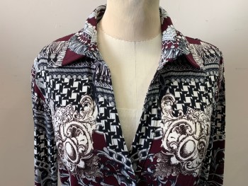 Womens, Blouse, CACHE, Black, Ivory White, Lt Gray, Red Burgundy, Polyester, Spandex, Novelty Pattern, S, Snap Front, Knit, Long Sleeves, Collar Attached, Stylized Houndstooth, Chain Print, 2000-2010