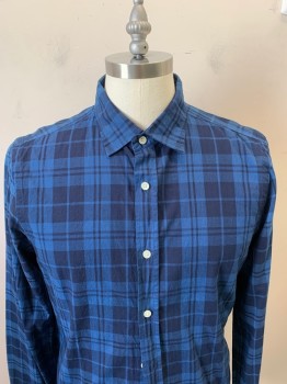 BLOOMINDALES , Navy Blue, Cotton, Plaid, Collar Attached, Button Front,