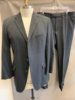 BOSS, Black, Blue, Wool, Stripes - Pin, Stripes, 3 Button Front, Notched Lapel, 3 Pockets,