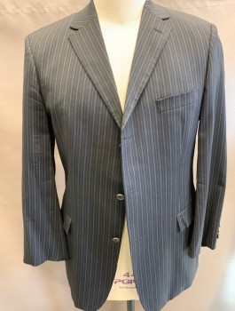 BOSS, Black, Blue, Wool, Stripes - Pin, Stripes, 3 Button Front, Notched Lapel, 3 Pockets,