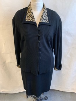 Womens, 1990s Vintage, Suit, Jacket, AUGUST MAX PETITE, Black, Acrylic, Nylon, B: 52, Ribbed Horizontally, Leopard Collar And Cuffs, Button & Loop Front Closures