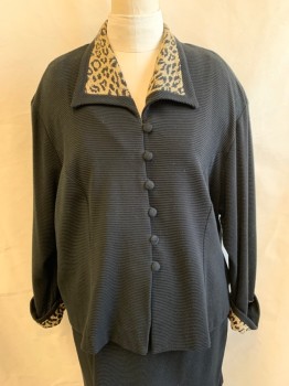 Womens, 1990s Vintage, Suit, Jacket, AUGUST MAX PETITE, Black, Acrylic, Nylon, B: 52, Ribbed Horizontally, Leopard Collar And Cuffs, Button & Loop Front Closures