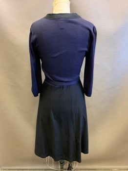 Womens, Dress, Long & 3/4 Sleeve, BCBG MAX AZRIA, Navy Blue, Black, Acrylic, Color Blocking, M, Sweater Dress, 3 Buttons at Center Bust, Navy Bodice, Black Ruffle Front Panel,  Black Skirt, Self Belt, Fit & Flare, Long Sleeves