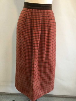 VALENTINO, Brown, Red, Tan Brown, Wool, Cashmere, Check , with 1.5" Solid Brown Velvet Waistband and Panels at Side Welt Pockets, Hem Below Knee, Pencil Skirt, Pleated Waist, Center Back Zipper