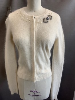 Womens, Sweater, PINKISH, Cream, Angora, Wool, Solid, S, L/S, CN, Pearl & Rhinestone Applique At Collar