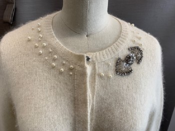 Womens, Cardigan Sweater, PINKISH, Cream, Angora, Wool, Solid, S, L/S, CN, Pearl & Rhinestone Applique At Collar
