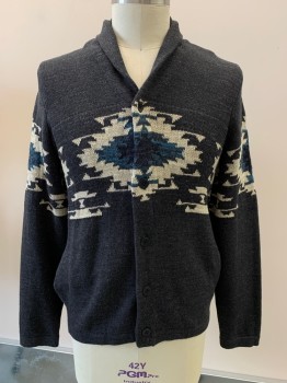 Mens, Cardigan Sweater, LUCKY BRAND, Charcoal Gray, Off White, Teal Blue, Black, Cotton, Native American/Southwestern , L, L/S, Shawl Collar, Button Front, Side Pockets,
