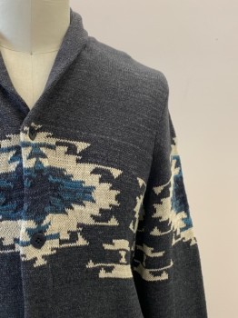 Mens, Cardigan Sweater, LUCKY BRAND, Charcoal Gray, Off White, Teal Blue, Black, Cotton, Native American/Southwestern , L, L/S, Shawl Collar, Button Front, Side Pockets,