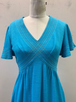 Tony Todd, Turquoise Blue, Orange, Yellow, Cotton, Solid, Flowy Short Sleeves, V Neck, Colored Stitching, Back Zipper,