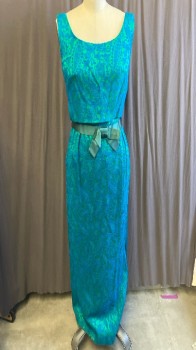 NL, Green, Royal Blue, Synthetic, Brocade, Paisley/Swirls, Scoop Neck, Attached Top, Low U-Neck Back, with Db Self Covered Buttns, Empire Waist with Grosgrain Ribbon & Front Bow, Zip Back, Hem Maxi, Back Slit