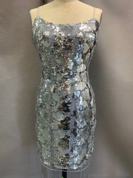 Womens, Cocktail Dress, MIDNIGHT GLO, Silver, Sequins, Nylon, Speckled, 8, Spaghetti Strap, Wide Neck, Full Sequins, Body Con, Back Zipper,