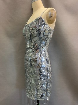 Womens, Cocktail Dress, MIDNIGHT GLO, Silver, Sequins, Nylon, Speckled, 8, Spaghetti Strap, Wide Neck, Full Sequins, Body Con, Back Zipper,