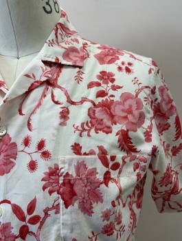 Mens, Casual Shirt, BEVILACQUA, Faded Red, White, Cotton, Floral, S, C.A., Button Front, S/S, 1 Pocket,