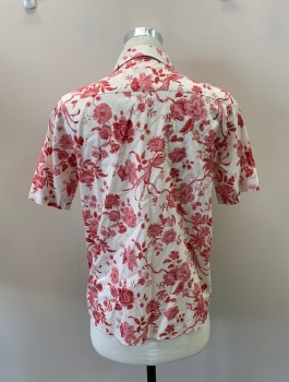Mens, Casual Shirt, BEVILACQUA, Faded Red, White, Cotton, Floral, S, C.A., Button Front, S/S, 1 Pocket,