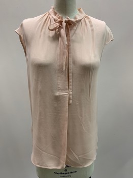 VINCE, Blush Pink, Silk, Solid, Sleeveless, Button Front, Collar Band, Neck Tie,